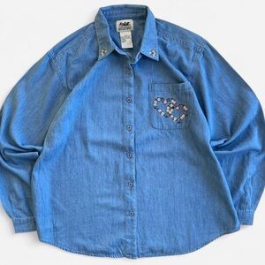 Vintage Northern Reflections Blue Embroidered Flower Hearts Button Down Shirt L